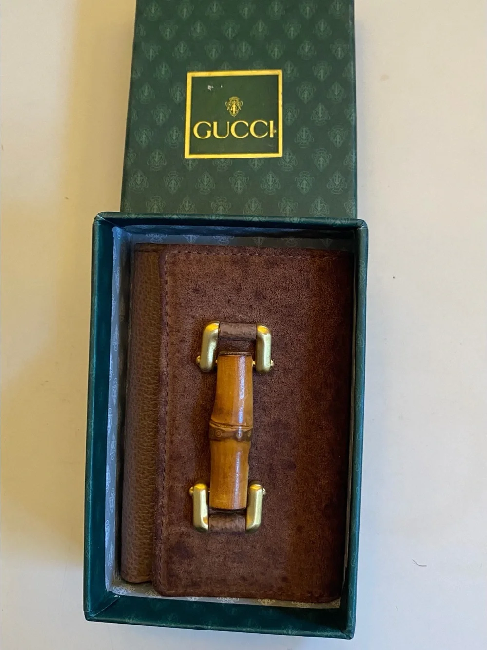 Gucci Brown Pebbled Leather Key / Card Case with Gold-Tone / Bamboo Hardware